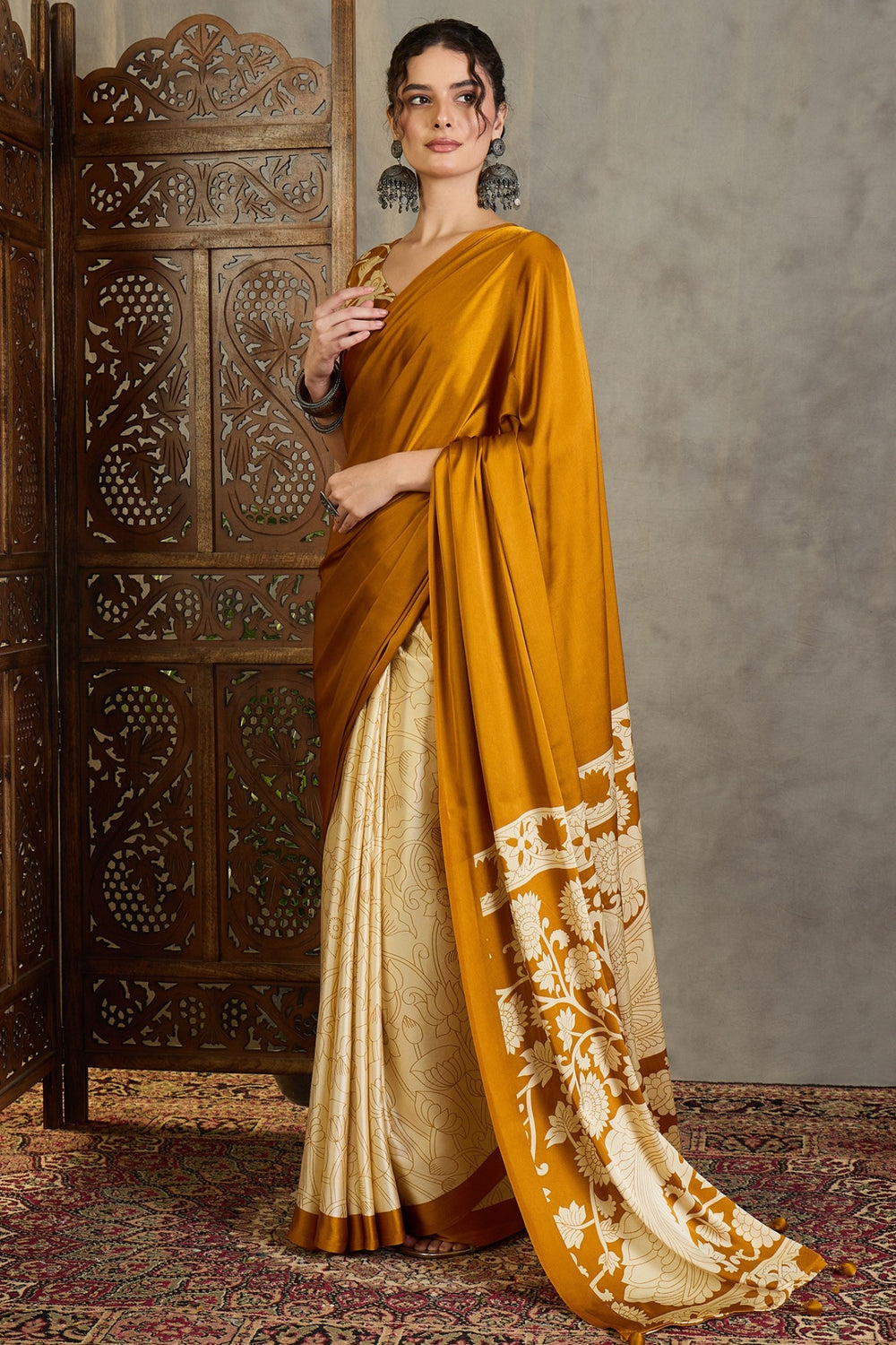Yellow Kalamkari Printed Satin Silk Saree 