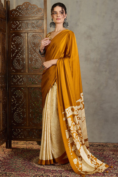 Yellow Kalamkari Printed Satin Silk Saree 