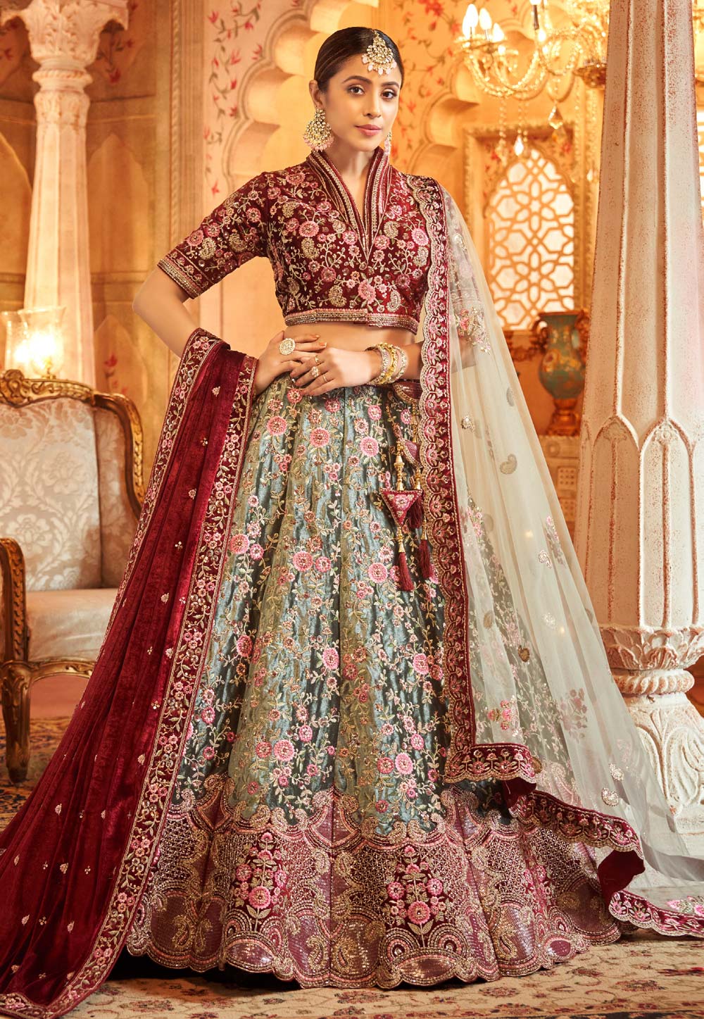Beautiful Designer Bridal Velvet Pista Wedding Lehenga