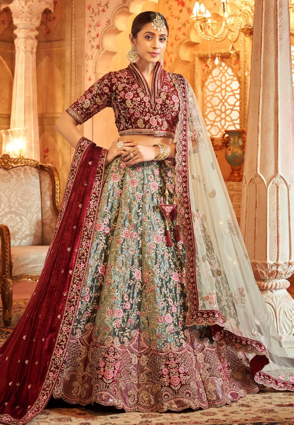 Beautiful Designer Bridal Velvet  Pista Wedding Lehenga