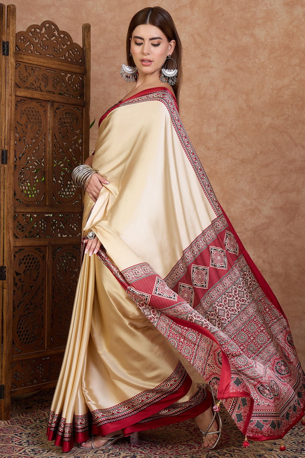 Cream and Red Pure Soft Modal Satin Ajrakh Print Satin Saree Japan Satin Saree Anant Tex Exports Pvt.Ltd..