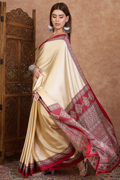 Cream and Red Pure Soft Modal Satin Ajrakh Print Satin Saree Japan Satin Saree Anant Tex Exports Pvt.Ltd..