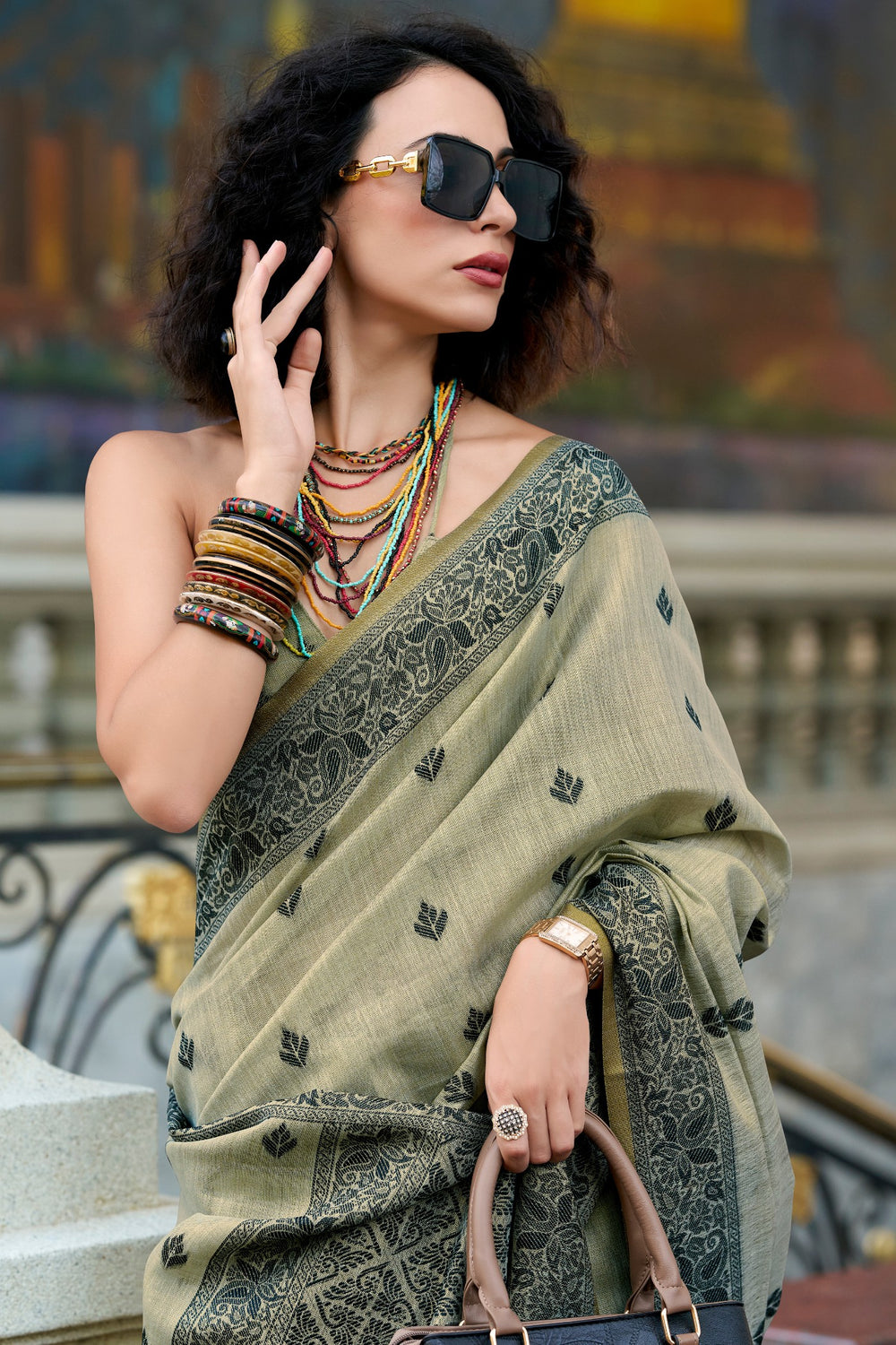 Grey Pure Tussar Linen Handloom Silk With Weaving Silk Saree 