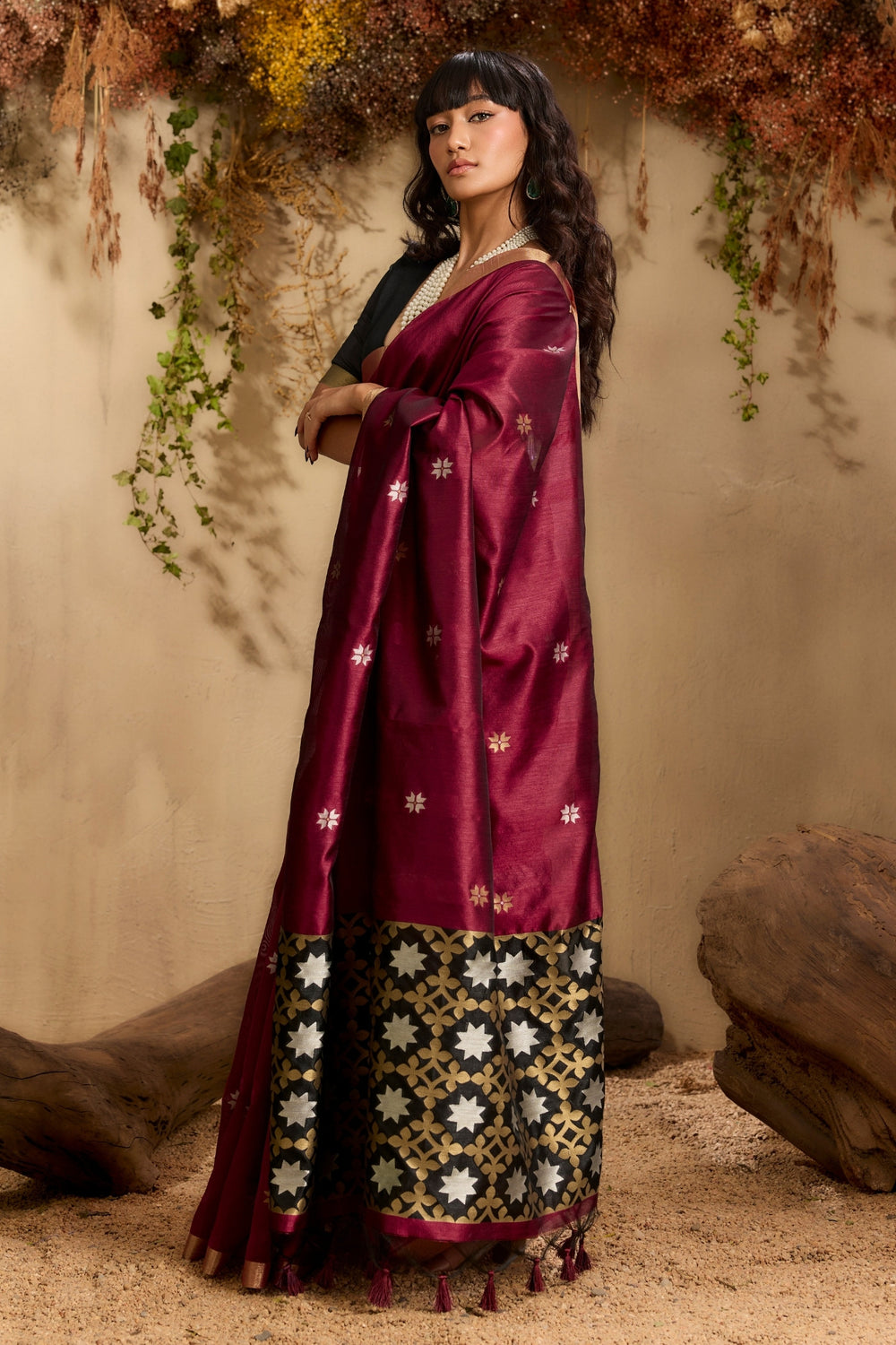 Mahogany Red Pure Tussar Handloom Silk Saree 