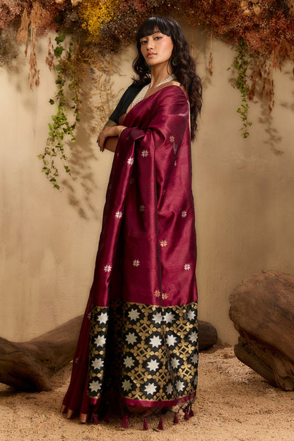 Mahogany Red Pure Tussar Handloom Silk Saree 