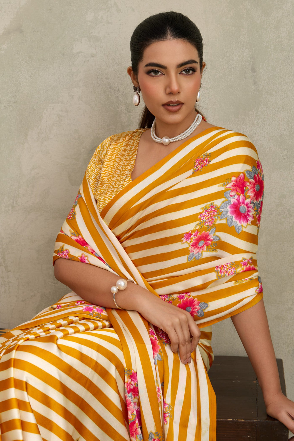 Yellow Pure Soft Modal Satin Ajrakh Print Satin Saree Japan Satin Saree Anant Tex Exports Pvt.Ltd..
