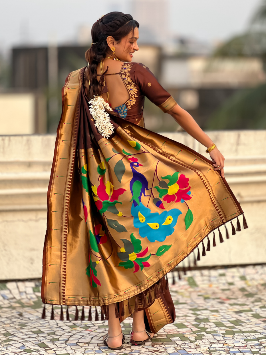 Coffee Wedding Special Nauvari Paithani Soft Silk Saree 
