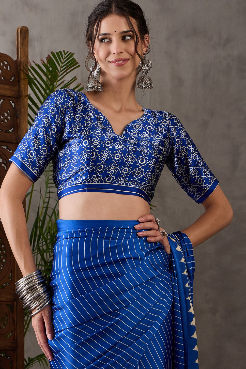 Blue Printed Satin Gaji Silk Saree 