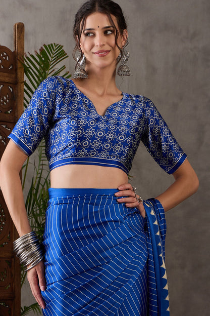 Blue Printed Satin Gaji Silk Saree 