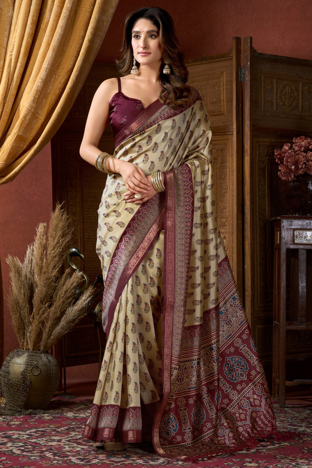 Cream Pure Cluster Silk Ajarkh Digital Printed Saree ##color## Floral Printed Saree with premium fabric and embroidery