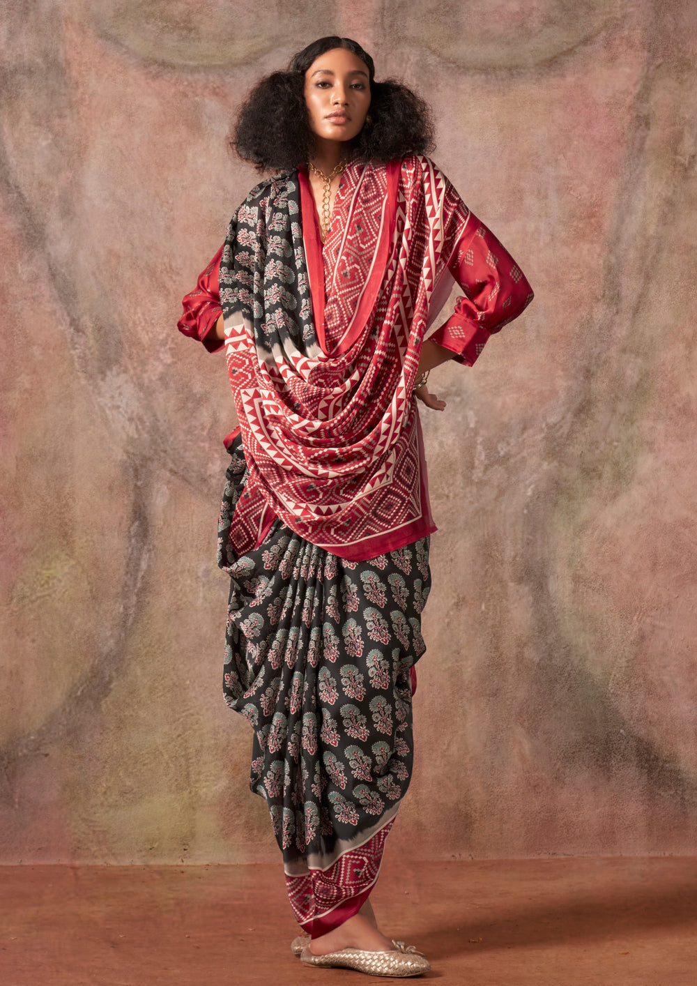 Maroon Raisins Ajrakh Printed Satin Georgette Silk Saree 