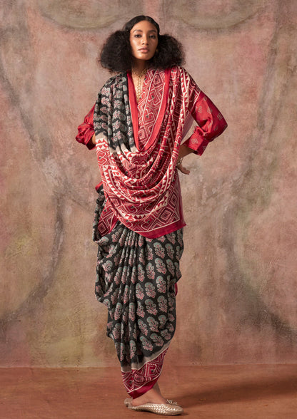 Maroon Raisins Ajrakh Printed Satin Georgette Silk Saree 