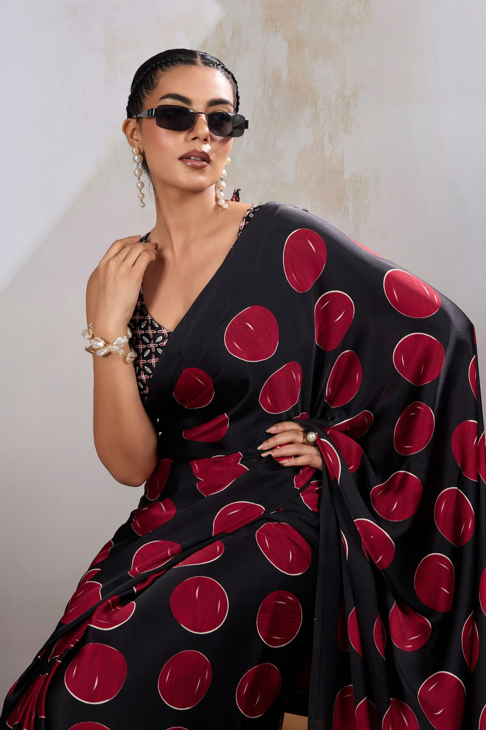 Red Printed Polka Dots Satin Crepe Saree 