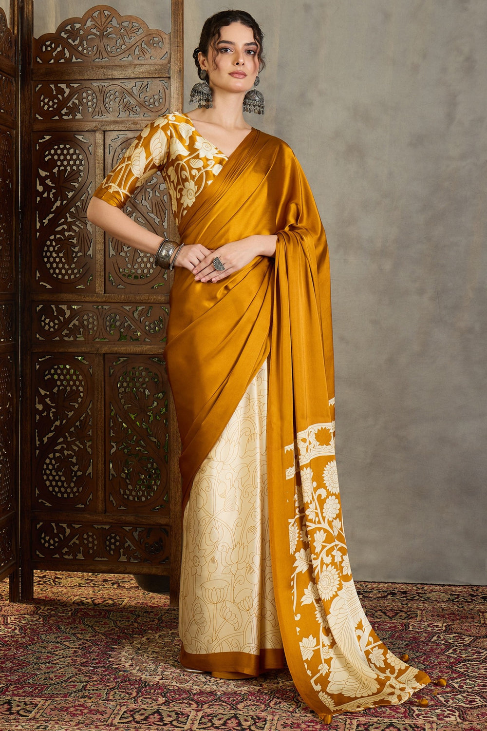 Yellow Kalamkari Printed Satin Silk Saree ##color## Floral Printed Saree with premium fabric and embroidery