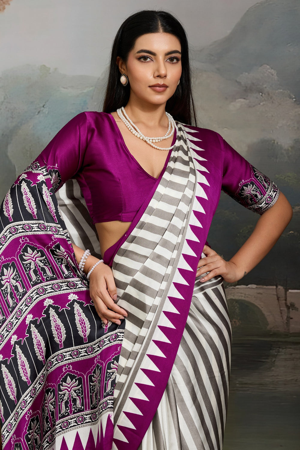 White and Purple Pure Ajrakh Printed Satin Crepe Silk Saree ##color## Floral Printed Saree with premium fabric and embroidery