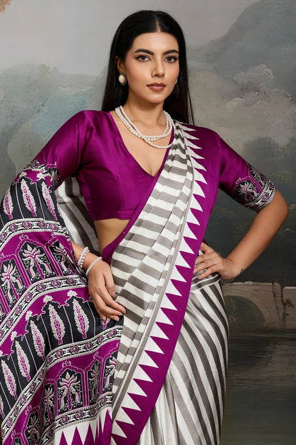 White and Purple Pure Ajrakh Printed Satin Crepe Silk Saree 