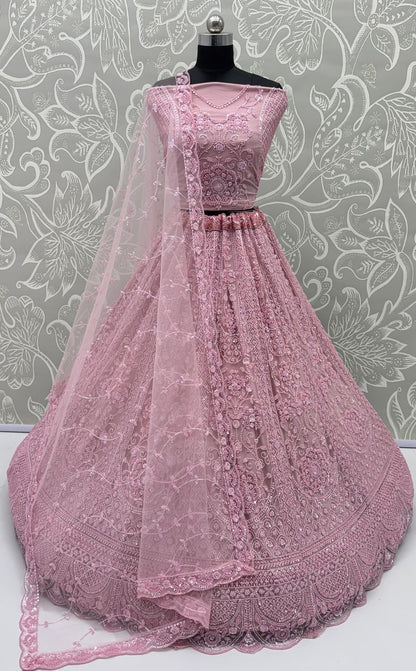 Pink Pure Heavy Net Motif Handwork Zari Sequins Work Bridal Lehenga Choli