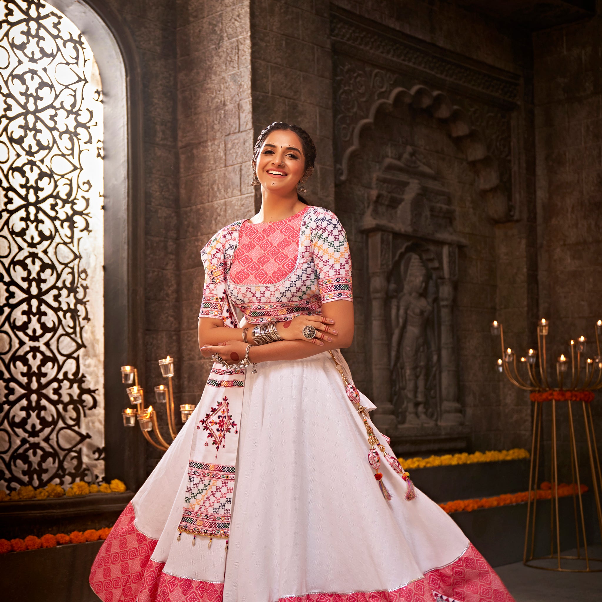 White and pink chaniya choli set

