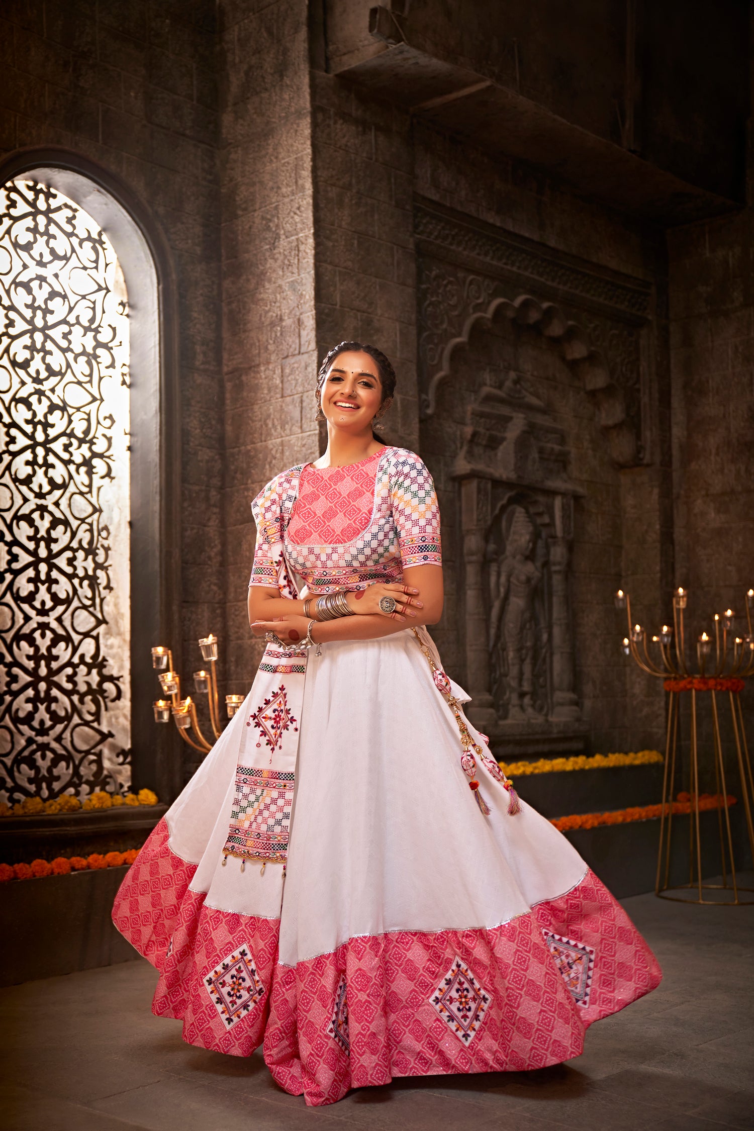 White and pink chaniya choli set

