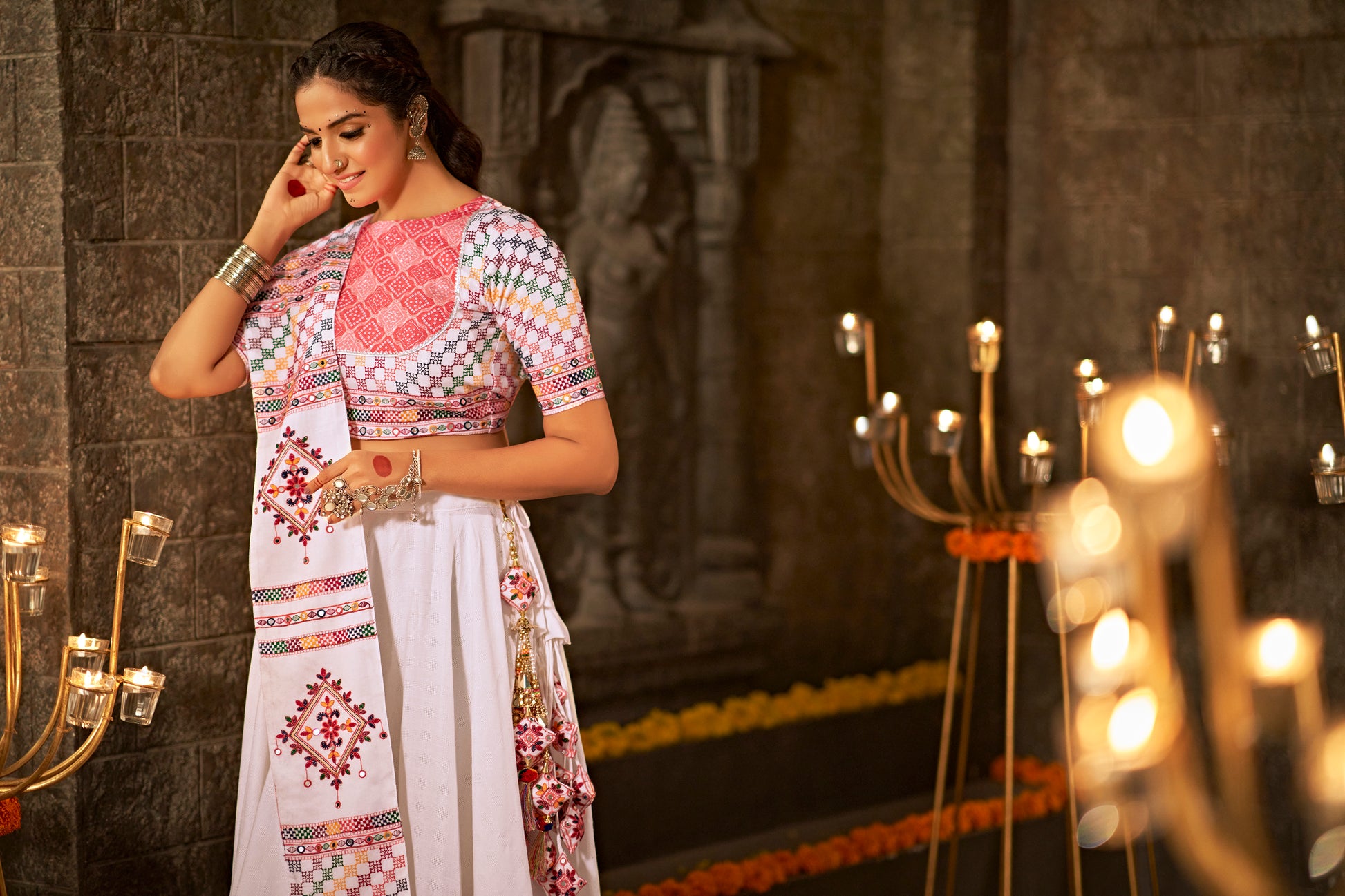 Festive white chaniya choli outfit

