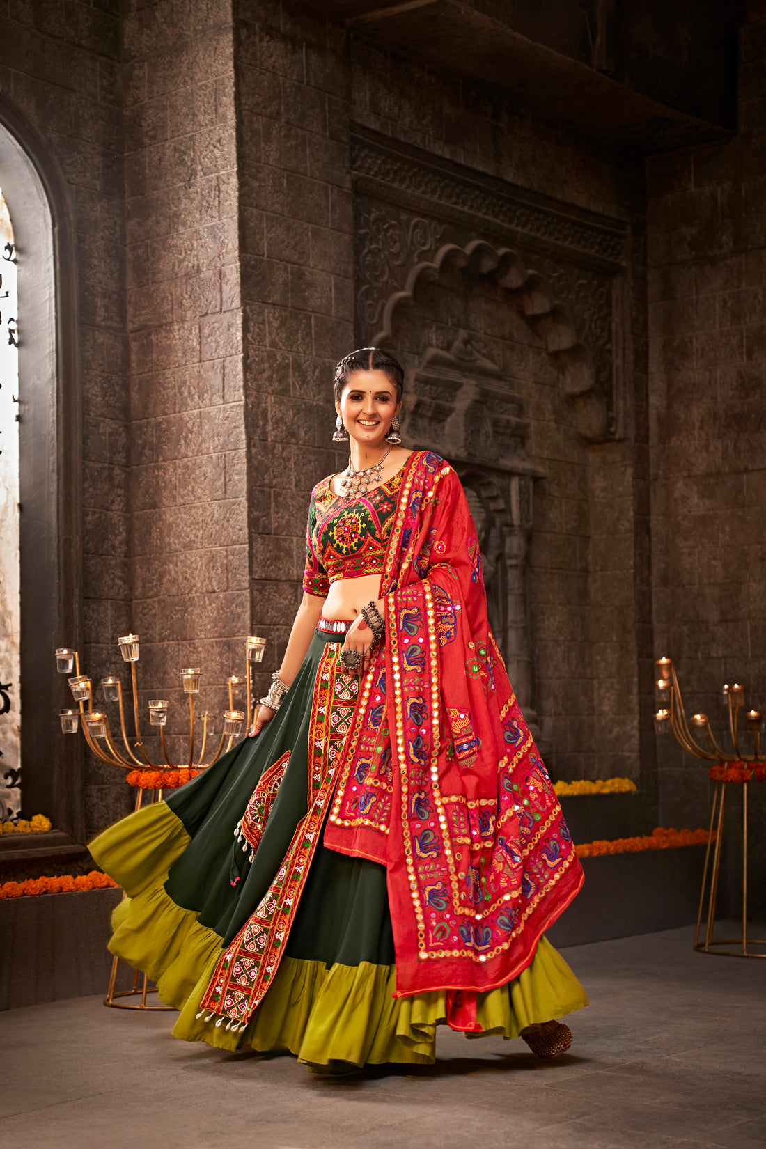 Green yellow chaniya choli with mirror dupatta