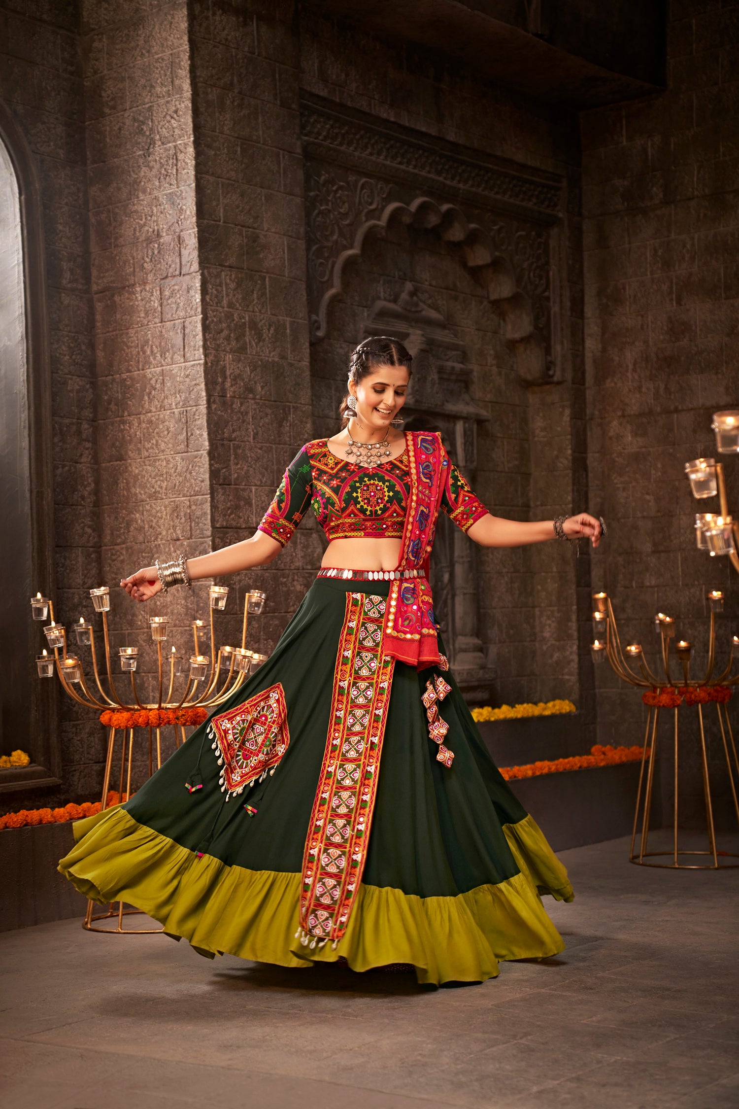 Red dupatta with embroidery and mirror work

