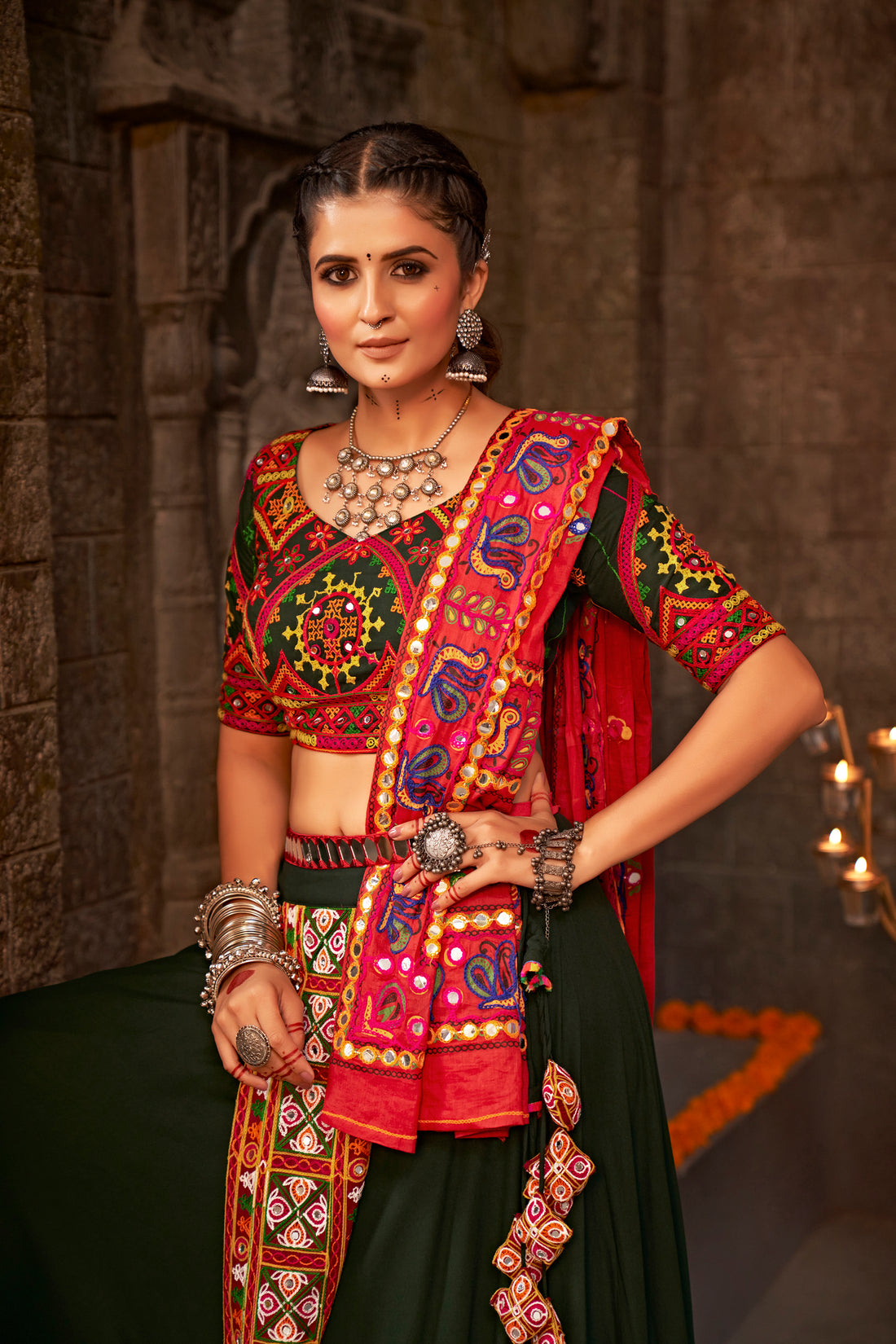 Green yellow chaniya choli with mirror dupatta