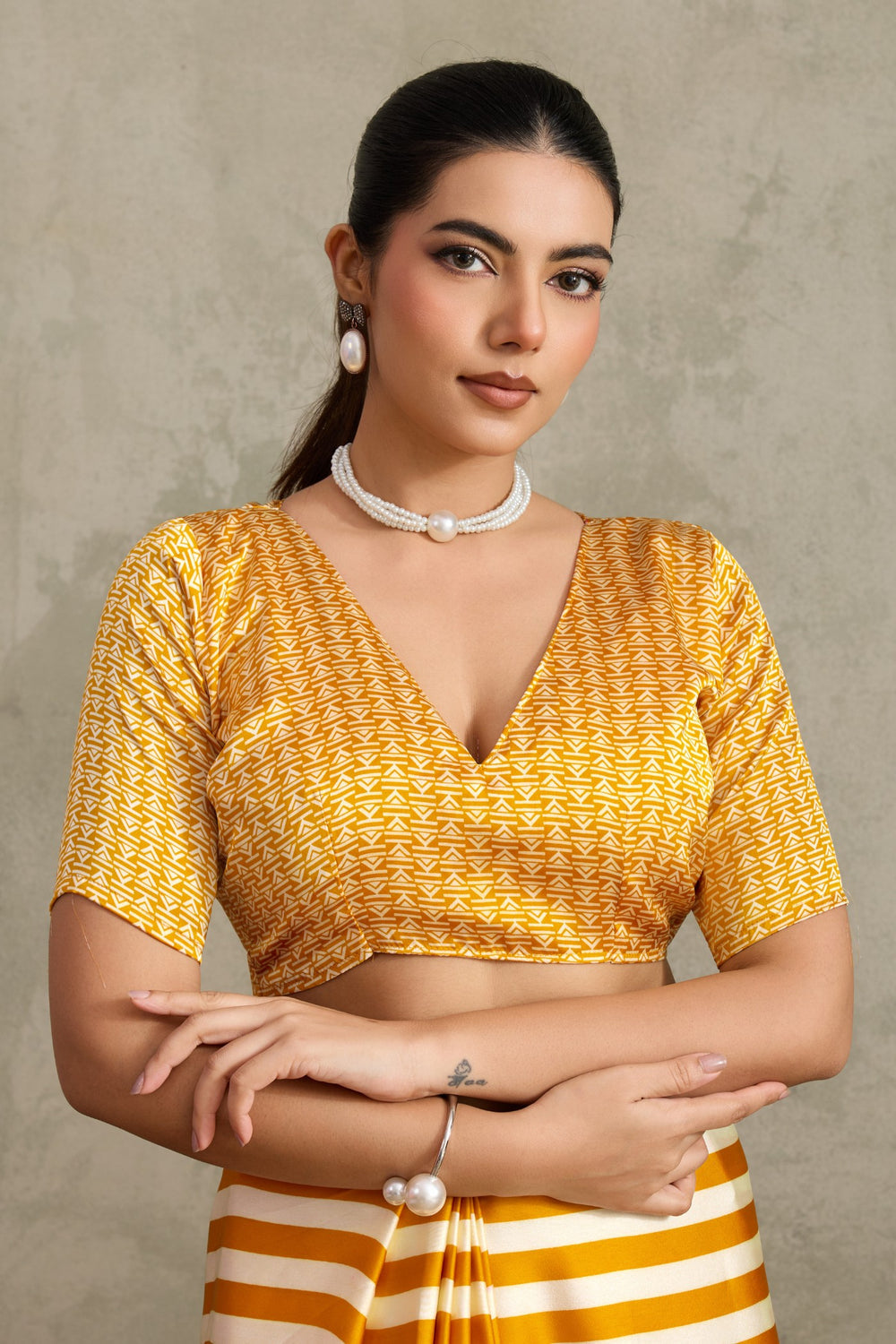 Yellow Pure Soft Modal Satin Ajrakh Print Satin Saree Japan Satin Saree Anant Tex Exports Pvt.Ltd..
