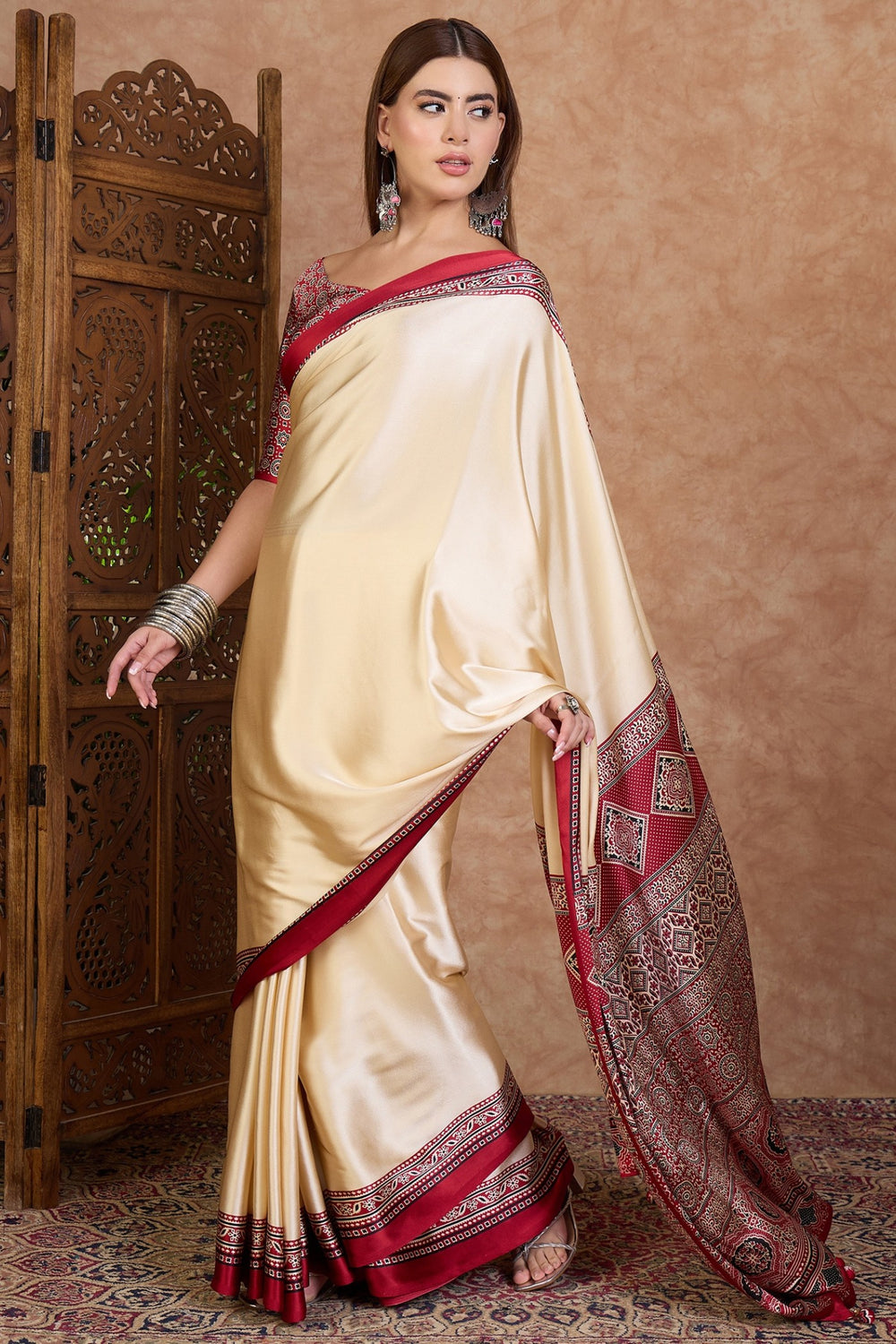 Cream and Red Pure Soft Modal Satin Ajrakh Print Satin Saree Japan Satin Saree Anant Tex Exports Pvt.Ltd..