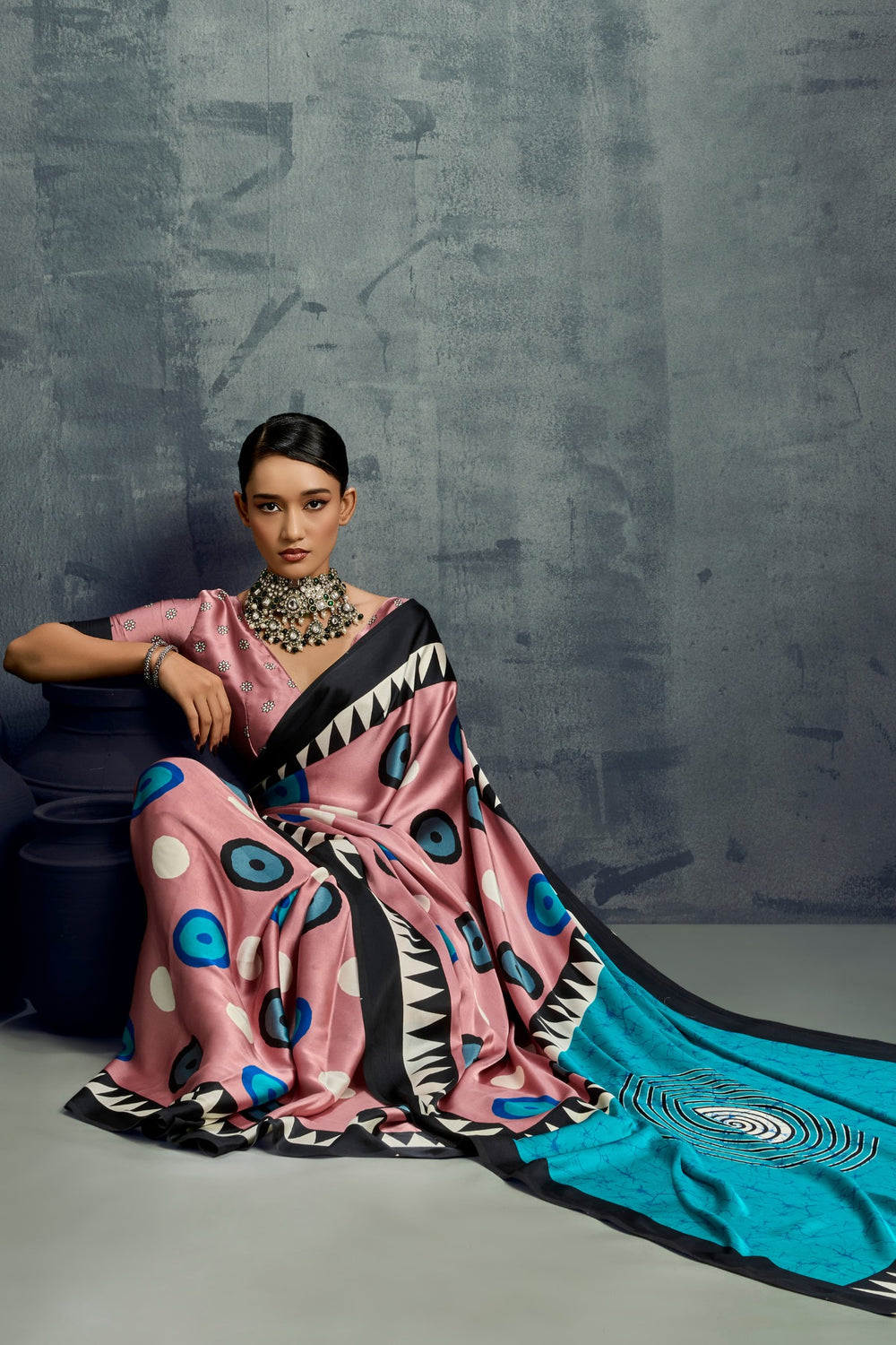 Purple Ajrakh Printed Satin Crepe Silk Saree ##color## Japan Satin Saree with premium fabric and embroidery