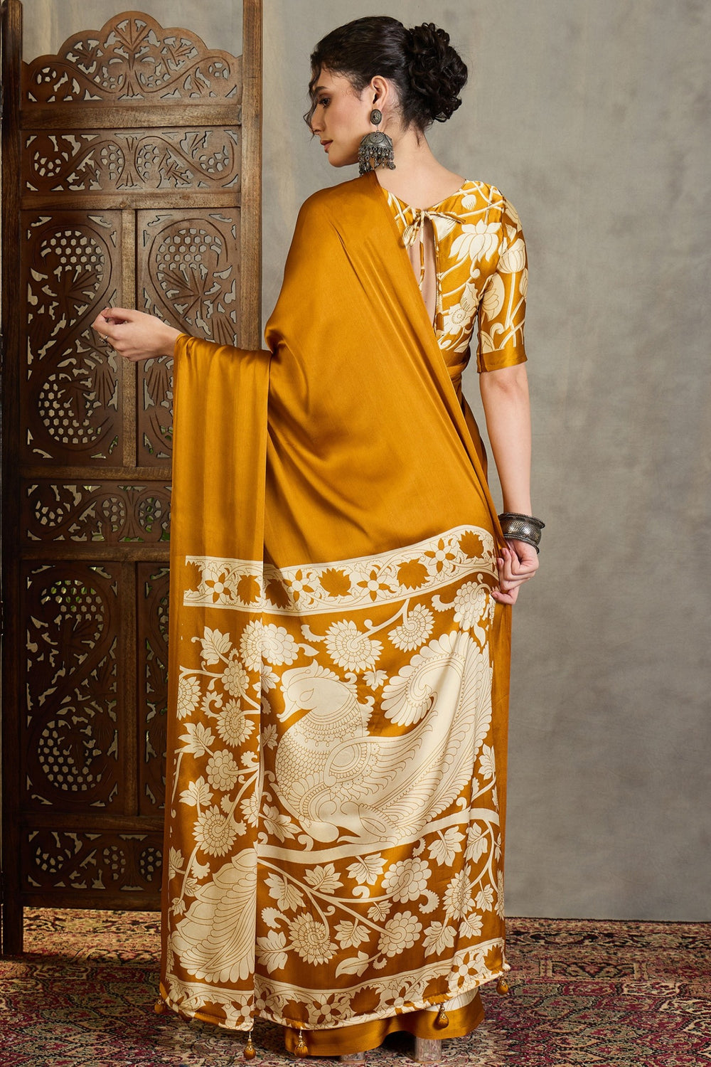 Yellow Kalamkari Printed Satin Silk Saree 