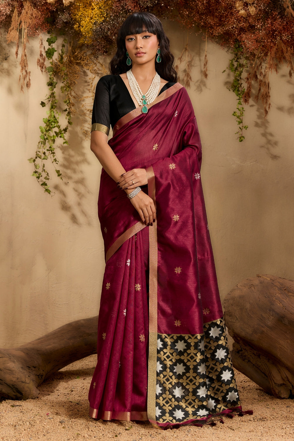 Mahogany Red Pure Tussar Handloom Silk Saree 