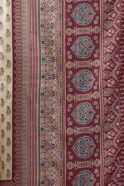 Cream Pure Cluster Silk Ajarkh Digital Printed Saree 