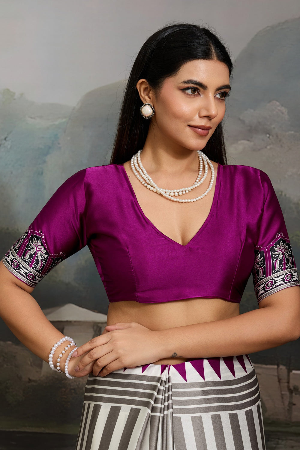 White and Purple Pure Ajrakh Printed Satin Crepe Silk Saree ##color## Floral Printed Saree with premium fabric and embroidery