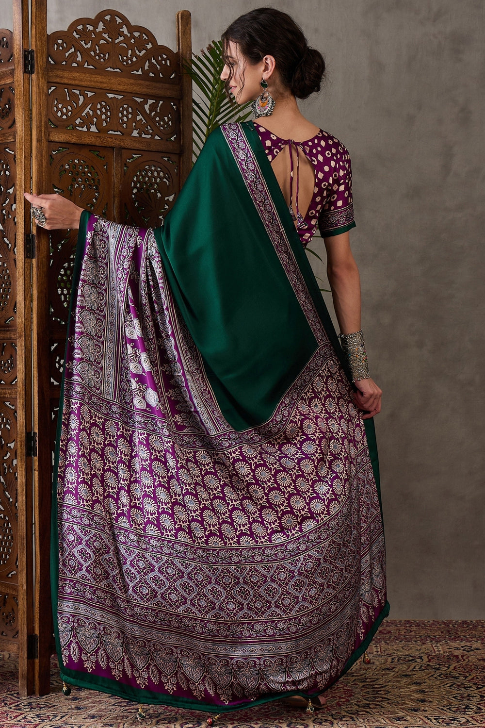 Bottle Green Pure Soft Modal Satin Ajrakh Print Satin Saree Japan Satin Saree Anant Tex Exports Pvt.Ltd..