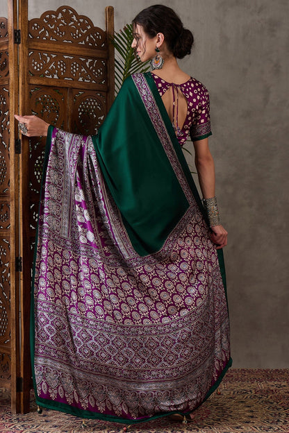 Bottle Green Pure Soft Modal Satin Ajrakh Print Satin Saree Japan Satin Saree Anant Tex Exports Pvt.Ltd..