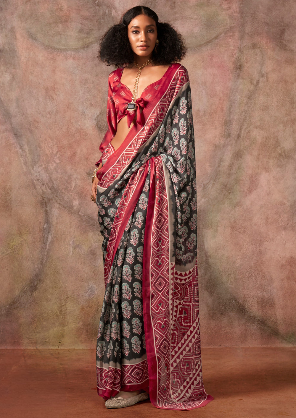 Maroon Raisins Ajrakh Printed Satin Georgette Silk Saree 