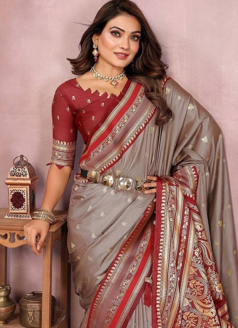 Grey Blue Pure Handloom Kalamkari Silk Saree