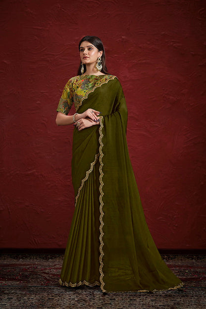 Green Pure Crepe Georgette Silk Handwork With Stiched Blouse Saree 