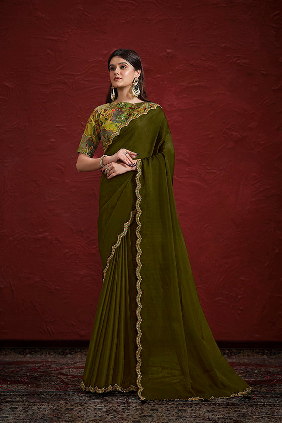 Green Pure Crepe Georgette Silk Handwork With Stiched Blouse Saree ##color## Banarasi Saree with premium fabric and embroidery