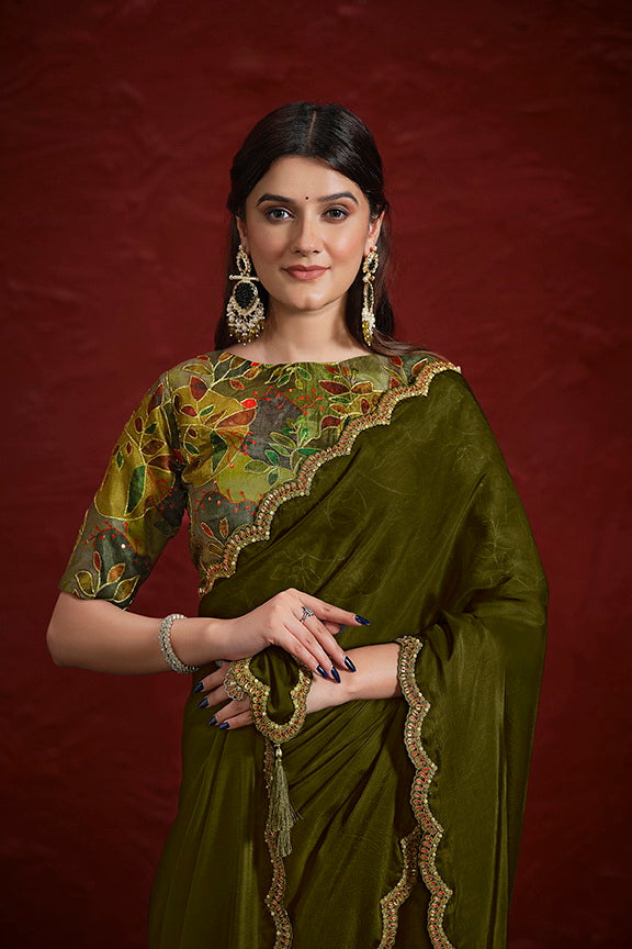 Green Pure Crepe Georgette Silk Handwork With Stiched Blouse Saree ##color## Banarasi Saree with premium fabric and embroidery