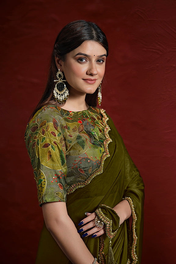 Green Pure Crepe Georgette Silk Handwork With Stiched Blouse Saree 