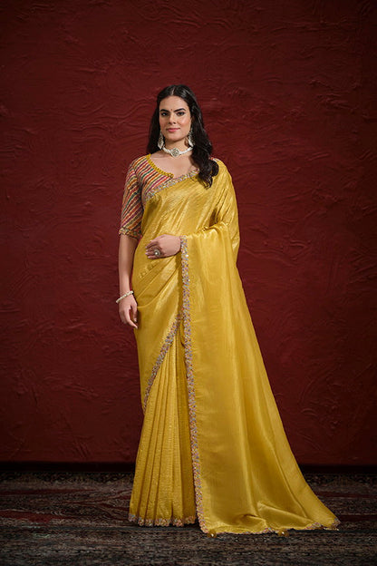 Mustard Crush Paper Silk Sequence with Handwork Saree