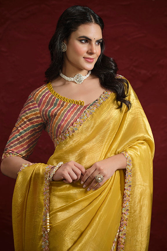 Mustard Crush Paper Silk Sequence with Handwork Saree