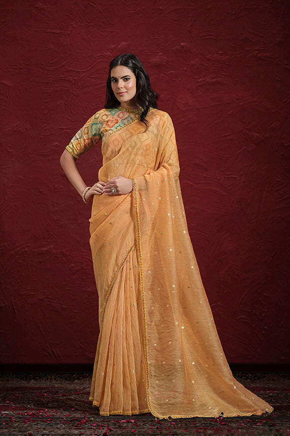 Orange Two Tone Jacquard Butti Tusser Pure Cut work Saree 