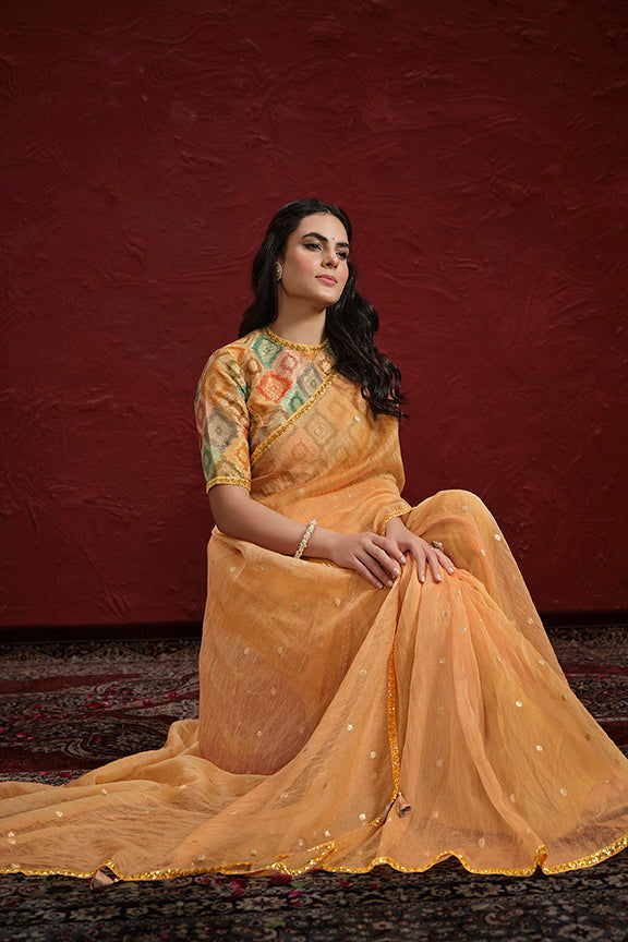 Orange Two Tone Jacquard Butti Tusser Pure Cut work Saree