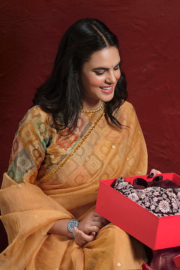 Orange Two Tone Jacquard Butti Tusser Pure Cut work Saree