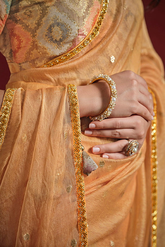 Orange Two Tone Jacquard Butti Tusser Pure Cut work Saree