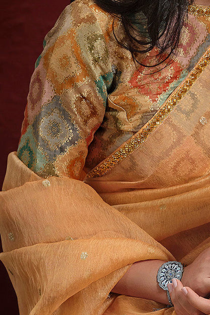 Orange Two Tone Jacquard Butti Tusser Pure Cut work Saree