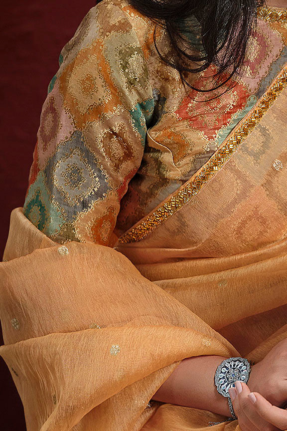 Orange Two Tone Jacquard Butti Tusser Pure Cut work Saree